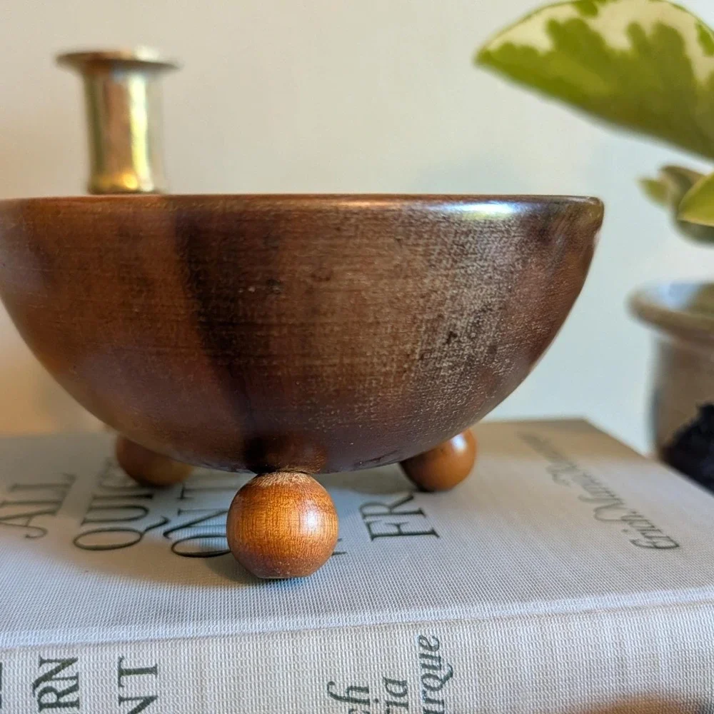 Vintage MCM Myrtlewood‎ Footed Bowl Hand Turned Ball Feet Oregon Ralph A Bailey